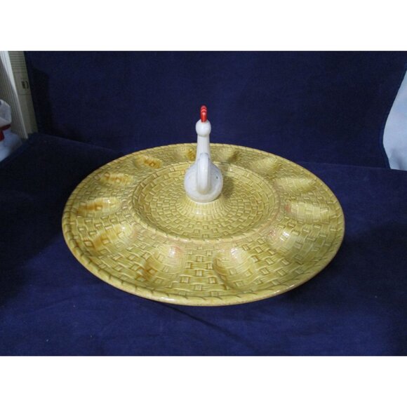 Vintage Ceramic Rooster Hen Chicken Basket Weave Deviled Egg Plate EUC - Picture 5 of 16